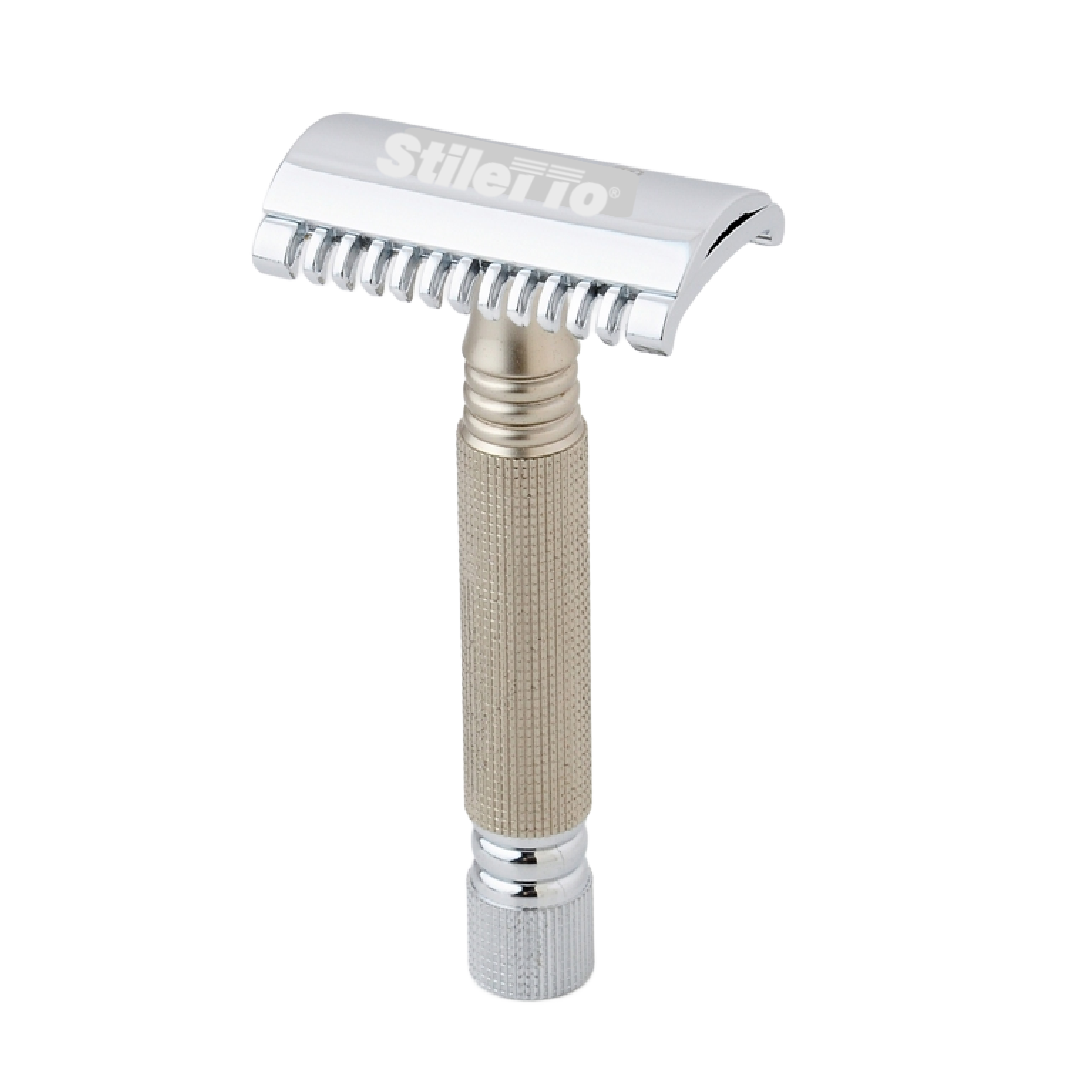 SST02 Máquina de Afeitar Doble Hoja de 3 piezas-Peine Abierto-plata mate